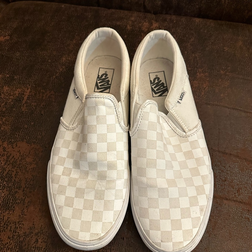Vans White and Cream Checkered Slip-Ons